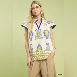 Umgee Border Print Split-Neck Boho Top